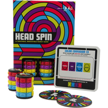 Load image into Gallery viewer, The image shows the board game 'Head Spin' with colorful spinners and game box, designed for 2 players, ages 12 and up.