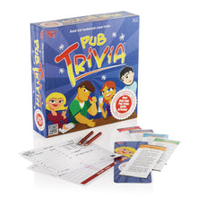 Load image into Gallery viewer, A trivia game box titled 'Pub Trivia' with a cartoon illustration of four characters at a table. Arranged on a white background with a scoreboard, cards, and two pencils.