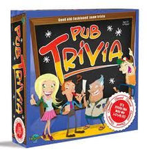 Load image into Gallery viewer, Angled front view of the Pub Trivia box showing four different cartoon characters.