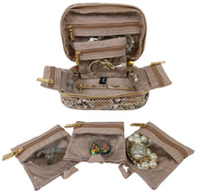 Load image into Gallery viewer, Interior view of the Jewelry case with the four individual zipper-closing pouches storing earrings and jewelry