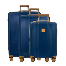 Load image into Gallery viewer, Front view of the three blue pieces of luggage. They have light brown accents.