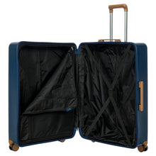 Load image into Gallery viewer, Opened view of the blue suitcase on a white background. The left side features a zipper-closed compartment shown open, and the right side shows the straps to hold items in place.