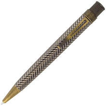 Load image into Gallery viewer, Front view of the Retro-51 Roosevelt Rollerball Pen. It has a herringbone pattern on the barrel with brass trims.