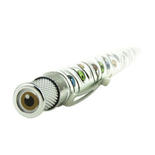 Load image into Gallery viewer, Angled top view of the white pen with chrome trims. The top disk features a brown eye.