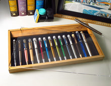 Load image into Gallery viewer, A Retro 51 Bamboo Collector tray. it has a magnetic closing clear panel and can hold 16 pens, each on a strap.