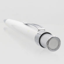 Load image into Gallery viewer, Angled view of the Retro 51 Classic white tornado rollerball pen. The top disk is also white.
