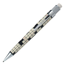 Load image into Gallery viewer, Front view of the Retro 51 Tornado Crossword Mechanical Pencil. It has chrome accents, a white eraser on top, and the barrel has a printed design of a crossword puzzle.
