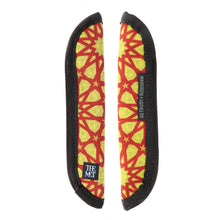 Load image into Gallery viewer, Front and back view of the red and yellow geometric star design pen sleeve.