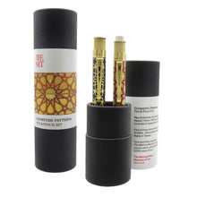 Load image into Gallery viewer, The Geometric Patterns pen and pencil set arranged with two matching gift tubes.