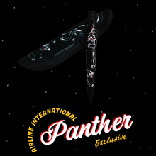 Load image into Gallery viewer, Graphic of the pen arranged with the sleeve with the Airline International Panther Exclusive decorative text.