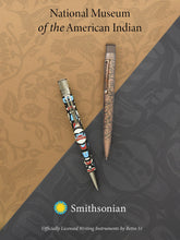 Load image into Gallery viewer, Poster graphic for the National Museum of the American Indian pens featuring a pen with vibrant patterns and a bronze pen with etched design.