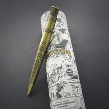 Load image into Gallery viewer, The Rocketeer brass pen arranged with its presentation gift tube.