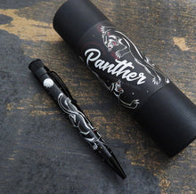 Load image into Gallery viewer, Side view of the Panther rollerball pen with the matching gift tube next to it.