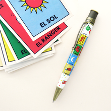 Load image into Gallery viewer, Side view of the loteria pen with cards arranged on a white background.