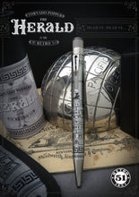 Load image into Gallery viewer, Graphic for the Retro 51 Herald featuring the pen, sleeve, and an engraved chrome half-globe.