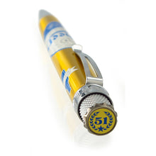 Load image into Gallery viewer, Top Disc of the Retro 51 Tornado Speakeasy Cheers Beer Rollerball pen. It is round witn yellow background and a blue number 51. The Top disc mimics a beer bottlecap, all in front of a white background.