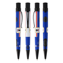Load image into Gallery viewer, Front, side, and back views of the blue USPS rollerball pen.