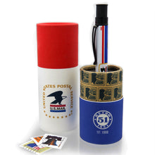 Load image into Gallery viewer, The USPS rollerball pen with the gift tube and a set of mail stamps.