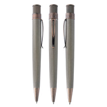 Load image into Gallery viewer, Front and sides view of the Retro 51 Vintage Metalsmith Douglass Rollerball Pen. The barrel has an engraved texture that is complimented with antique copper trims.