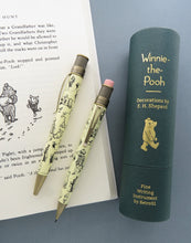 Load image into Gallery viewer, Side view of the pen and front view of the mechanical pencil with a green gift tube next to it.