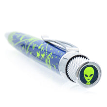 Load image into Gallery viewer, Stock photo. Angled top view of the Tuesday pen. it features the icon of a lime green alien.