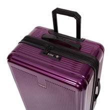 Load image into Gallery viewer, Top view of the purple hard shell suitcase. It features a telescopic handle, a grip handle, and a three-digit combination lock.
