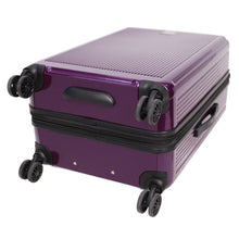 Load image into Gallery viewer, Bottom panel view of the purple suitcase. It features four spinner wheels, and a grip handle.