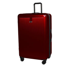 Load image into Gallery viewer, Angled front panel view of the red hard shell suitcase.