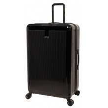 Load image into Gallery viewer, Angled front panel view of the black hard shell suitcase.