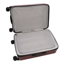 Load image into Gallery viewer, Interior view of the red suitcase. It features two zipper-closing mesh panel dividers.