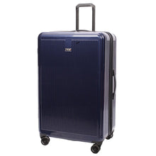 Load image into Gallery viewer, Angled front panel view of the blue hard shell suitcase.