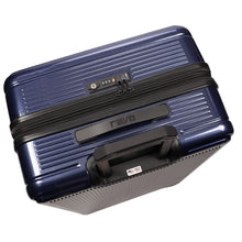 Load image into Gallery viewer, Top panel view of the navy blue suitcase It features a telescopic handle, a grip handle, and a three-digit combination lock.