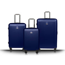 Load image into Gallery viewer, The large, medium and carry-on sized blue suitcases on a white background.