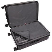 Load image into Gallery viewer, Interior view of the black hard shell suitcase. It features two zipper-closing mesh panel dividers.