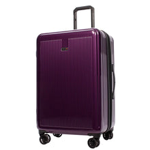 Load image into Gallery viewer, Angled front panel view of the purple hard shell suitcase