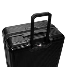 Load image into Gallery viewer, Top panel view of the black suitcase with the telescopic handle extended.