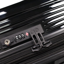 Load image into Gallery viewer, Close up to the black suitcase's TSA approved, three-digit combination lock.