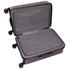 Load image into Gallery viewer, Interior view of the black suitcase. It features two zipper-closing mesh panel dividers.