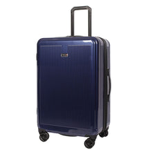 Load image into Gallery viewer, Angled front panel view of the navy blue hard shell suitcase.