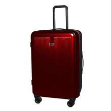 Load image into Gallery viewer, Angled front panel view of the red hard shell spinner suitcase.