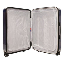 Load image into Gallery viewer, Interior view of the navy suitcase. It features two zipper-closing mesh panel dividers.