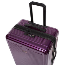 Load image into Gallery viewer, Top panel view of the purple suitcase. It features a telescopic handle, a grip handle, and a three-digit combination lock.