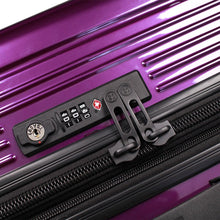 Load image into Gallery viewer, Close up to the purple suitcase's TSA-approved three-digit combination lock.