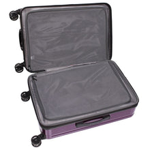Load image into Gallery viewer, Interior view of the purple hard shell suitcase. It features two zipper-closing mesh panel dividers.
