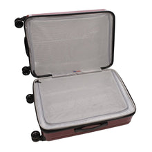 Load image into Gallery viewer, Interior view of the red suitcase. It features two zipper-closing mesh panel dividers.