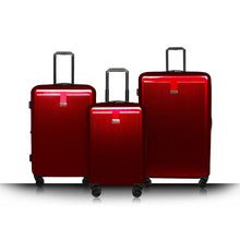 Load image into Gallery viewer, The large, medium, and carry-on red hard shell suitcases on a white background.