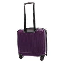 Load image into Gallery viewer, Angled back panel view of the purple hard shell suitcase.