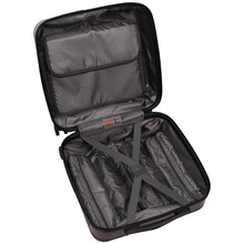 Load image into Gallery viewer, Interior view of the purple suitcase. It features a pocket compartment and adjustable straps.