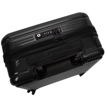 Load image into Gallery viewer, Top View of the black hard shell suitcase. It features an expandable handle, a grip handle, and a three-digit combination lock.