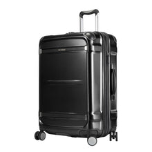 Load image into Gallery viewer, Angled front panel view of the black hard shell suitcase.